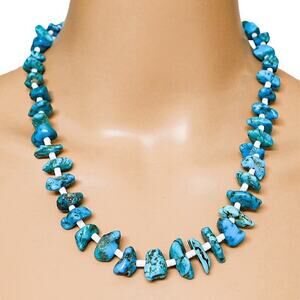 Turquoise Nugget & Shell Heishi Bead Necklace 20” 56g Sterling Silver Clasp
